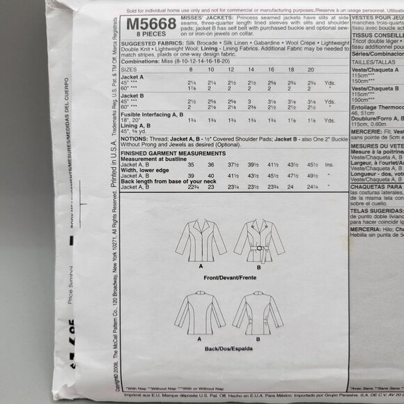 McCalls M5668 Womens Blazer Sewing Pattern Misses Sizes 8-20 UNCUT - Picture 5 of 5